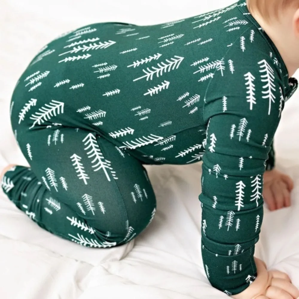 COPY - Butterscotch babies, one piece, green trees, snug fit onesie 4T